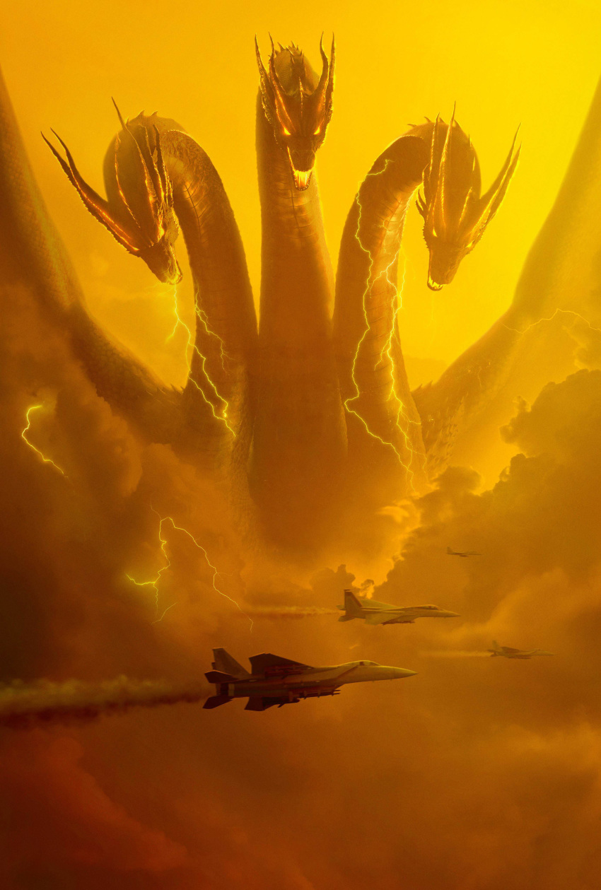 airplane alien bioluminescence cloud dragon electricity energy epic fighter_jet giant_monster glowing glowing_eyes godzilla_(series) horns hydra jet kaijuu king_ghidorah king_ghidorah_(2019) legendary_pictures lightning military military_vehicle monster monsterverse movie_poster multiple_heads official_art toho_(film_company) wings