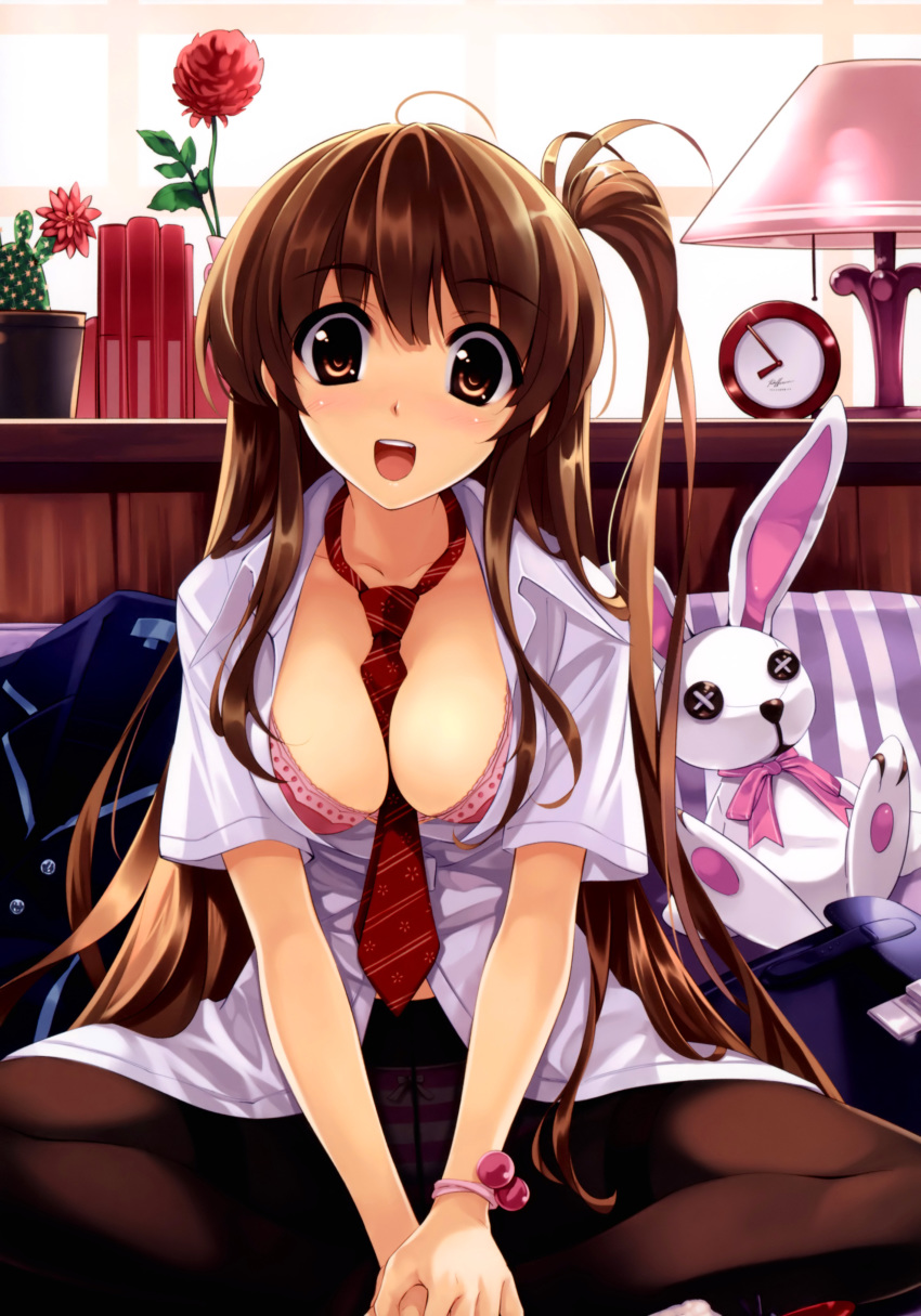 absurdres amami_anzu bed bed_sheet bedroom blush bra breasts brown_eyes brown_hair cleavage comic_aun crotch_seam curtains highres indoors lamp large_breasts long_hair looking_at_viewer misaki_kurehito necktie on_bed open_mouth panties panties_under_pantyhose pantyhose pillow ribbon scan school_uniform side_ponytail sitting skirt smile solo stuffed_animal stuffed_toy underwear window
