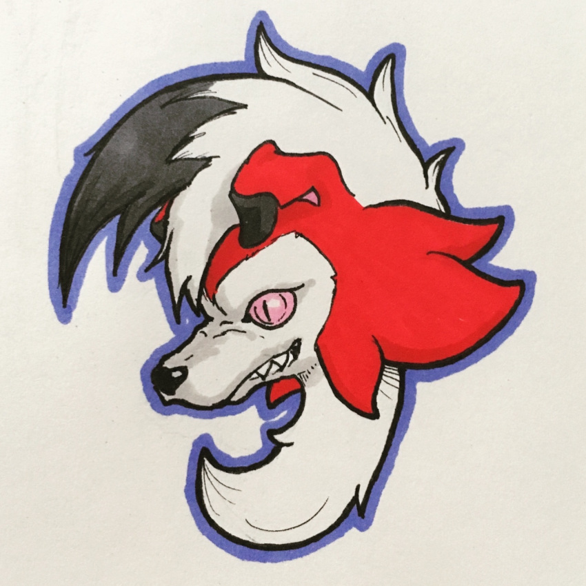 2017 ambiguous_form ambiguous_gender black_hair black_nose canine cheek_tuft countershade_face countershading dipstick_ears evil_grin floppy_ears fluffy fur hair hatching_(technique) headshot_portrait hi_res icon lycanroc mammal marker_(artwork) mfanjul midnight_lycanroc mixed_media mohawk multicolored_fur multicolored_hair neck_tuft nintendo no_sclera outline pen_(artwork) pink_eyes pok&eacute;mon pok&eacute;mon_(species) portrait red_fur shadow sharp_teeth side_view simple_background slit_pupils smile snout solo spikes teeth traditional_media_(artwork) tuft two_tone_fur two_tone_hair video_games white_background white_countershading white_fur white_hair