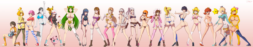 6+girls absurdres ass bayonetta bayonetta_(character) bayonetta_2 bikini blue_(pokemon) blush boots breasts cameltoe chiko_(mario) creatures_(company) doubutsu_no_mori female_my_unit_(fire_emblem:_kakusei) female_my_unit_(fire_emblem_if) fire_emblem fire_emblem:_kakusei fire_emblem_if game_freak gen_1_pokemon gen_2_pokemon gun hat high_heels highres huge_filesize ice_climber incredibly_absurdres inkling jacket jigglypuff kid_icarus kid_icarus_uprising legs leotard lucina mario_(series) metroid mii_(nintendo) mii_gunner multiple_girls my_unit_(fire_emblem:_kakusei) my_unit_(fire_emblem_if) nintendo one-piece_swimsuit one_eye_closed palutena pichu pikachu pokemon pokemon_(creature) pokemon_(game) ponytail pose princess princess_daisy princess_peach princess_zelda rosetta_(mario) samus_aran sheik shizue_(doubutsu_no_mori) skirt smile splatoon super_mario_bros. super_mario_galaxy super_mario_land super_smash_bros super_smash_bros. super_smash_bros._ultimate swimsuit the_legend_of_zelda the_legend_of_zelda:_a_link_between_worlds the_legend_of_zelda:_twilight_princess thighhighs villager_(doubutsu_no_mori) weapon wendy_o._koopa wii_fit wii_fit_trainer zelc-face zero_suit