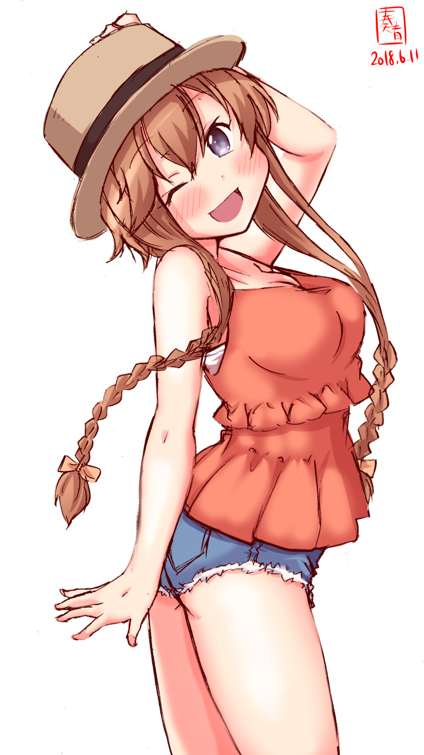 alternate_costume arched_back artist_logo blouse braid brown_hair casual commentary_request dated denim denim_shorts grey_eyes hand_on_headwear hat highres kanon_(kurogane_knights) kantai_collection light_brown_hair long_hair one_eye_closed open_mouth orange_blouse short_shorts shorts simple_background smile solo spaghetti_strap teruzuki_(kantai_collection) twin_braids white_background