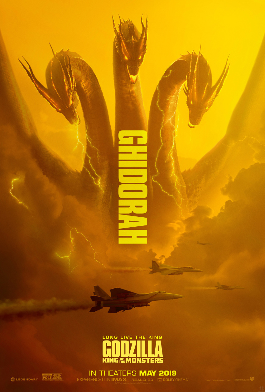 airplane alien bioluminescence cloud dragon electricity energy epic fighter_jet giant_monster glowing glowing_eyes godzilla_(series) horns hydra jet kaijuu king_ghidorah king_ghidorah_(2019) legendary_pictures lightning military military_vehicle monster monsterverse movie_poster multiple_heads official_art text text_focus toho_(film_company) wings