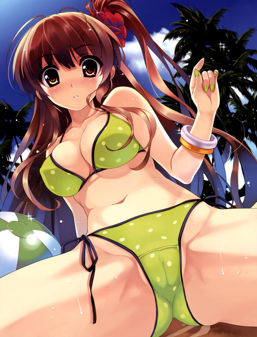 absurdres amami_anzu ball beachball bikini blush breasts brown_eyes brown_hair cameltoe cleavage comic_aun crease fingernails green_bikini green_nails highres large_breasts long_hair misaki_kurehito nail_polish navel one_side_up polka_dot polka_dot_bikini polka_dot_swimsuit ponytail scan side-tie_bikini solo spread_legs string_bikini swimsuit very_long_hair water