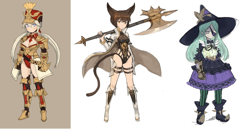 animal_ears armor armored_boots armored_leotard axe black_dress black_footwear black_neckwear blonde_hair blue_eyes boots bow bowtie brown_background brown_eyes brown_hair brown_leotard cape clenched_hands dress eyepatch fishnet_fabric gloves green_hair hat highres holding holding_axe holding_weapon leotard long_hair looking_at_viewer low_twintails multicolored multicolored_background multiple_girls necktie original purple_dress red_footwear red_hat red_leotard red_neckwear short_hair simple_background sookmo tail thigh_boots thighhighs twintails weapon white_background white_cape white_footwear witch witch_hat