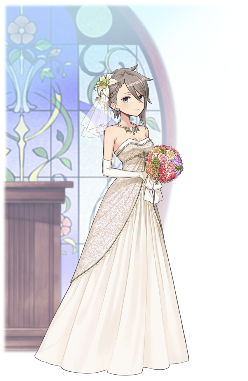 ange_(princess_principal) bare_shoulders blue_eyes bouquet braid breasts bridal_gauntlets cleavage dress earrings flower full_body gloves grey_hair hair_flower hair_ornament highres holding holding_bouquet indoors jewelry light_smile lily_(flower) looking_at_viewer necklace official_art princess_principal princess_principal_game_of_mission short_hair solo stained_glass standing stud_earrings transparent_background white_dress white_gloves