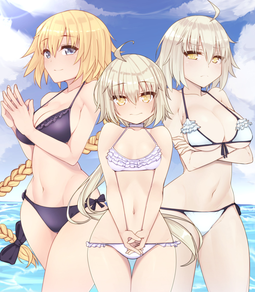 ahoge alternate_costume arched_back bangs bare_shoulders bikini blonde_hair braid breasts closed_mouth cloud commentary_request cowboy_shot criss-cross_halter crossed_arms day dura eyebrows_visible_through_hair fate/grand_order fate_(series) frilled_bikini frills groin hair_between_eyes halter_top halterneck height_difference highres interlocked_fingers jeanne_d'arc_(alter)_(fate) jeanne_d'arc_(fate) jeanne_d'arc_(fate)_(all) jeanne_d'arc_alter_santa_lily large_breasts long_braid long_hair looking_at_viewer lowleg lowleg_bikini multiple_girls navel open_mouth outdoors ponytail purple_bikini short_hair side-tie_bikini sideboob silver_hair single_braid sky small_breasts smile stomach swimsuit thighs underboob v_arms very_long_hair white_bikini worried