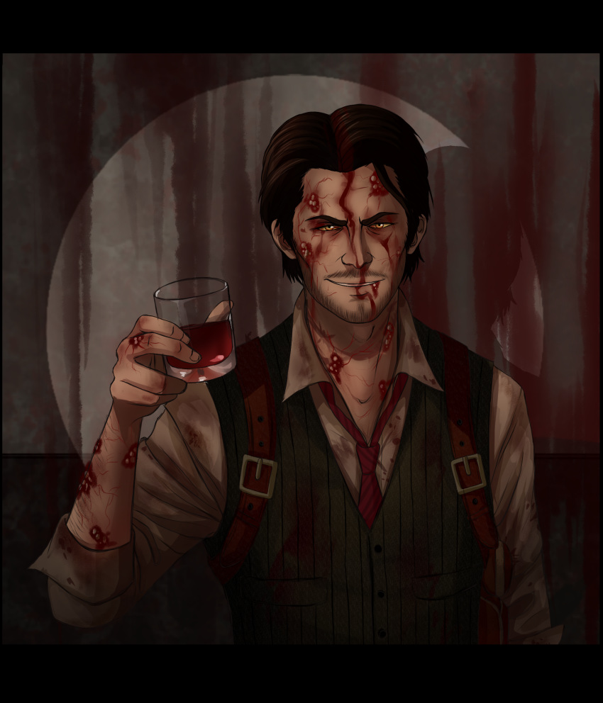 alcohol black_hair bleeding blood collared_shirt commentary cup dark drinking_glass facial_hair green_vest grin highres holding holding_cup indoors injury letterboxed looking_at_viewer male_focus mustache necktie noah_asai red_neckwear sebastian_castellanos shirt smile solo striped striped_neckwear stubble the_evil_within vest white_shirt wine wine_glass yellow_eyes