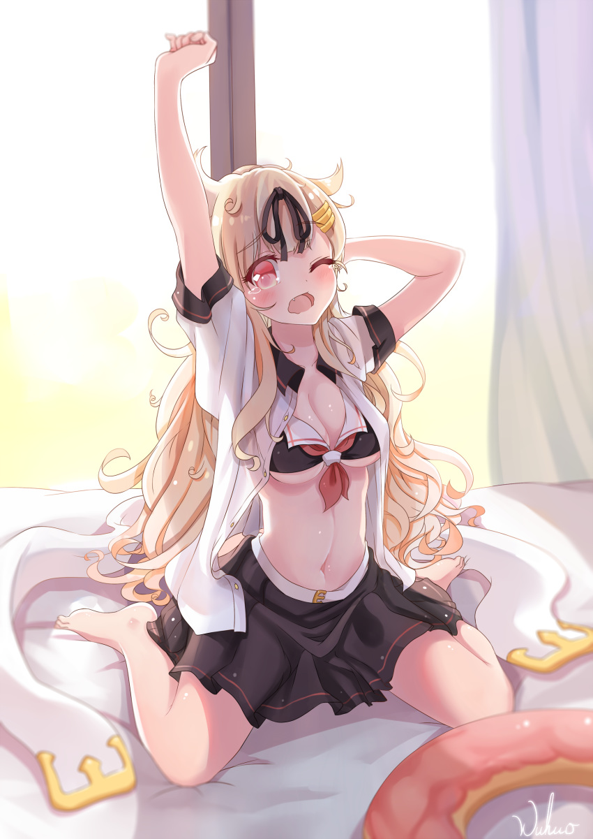 absurdres arm_behind_head arm_up barefoot bed_sheet black_bikini_top black_ribbon black_skirt blonde_hair breasts cleavage collarbone dress_shirt fang hair_ornament hair_ribbon hairclip highres indoors kantai_collection long_hair medium_breasts messy_hair midriff miniskirt navel one_eye_closed open_clothes open_mouth open_shirt pleated_skirt red_eyes remodel_(kantai_collection) ribbon scarf scarf_removed shirt short_sleeves signature sitting skirt solo stomach stretch underboob very_long_hair waking_up wariza white_shirt wuhuo yuudachi_(kantai_collection)