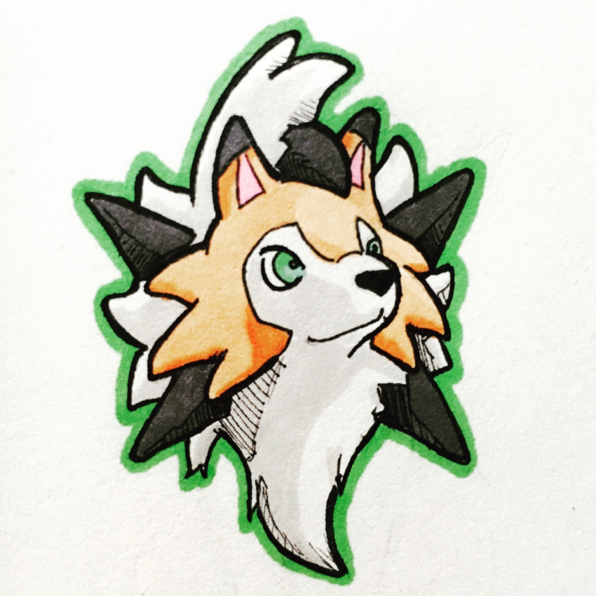 2017 ambiguous_form ambiguous_gender black_nose canine cheek_tuft countershade_face countershading dipstick_ears dusk_lycanroc fluffy front_view fur green_eyes hatching_(technique) headshot_portrait hi_res icon looking_away lycanroc mammal marker_(artwork) mfanjul mixed_media multicolored_fur neck_tuft nintendo orange_fur outline pen_(artwork) pok&eacute;mon pok&eacute;mon_(species) portrait shadow simple_background smile snout solo spikes toony traditional_media_(artwork) tuft two_tone_fur video_games white_background white_countershading white_fur