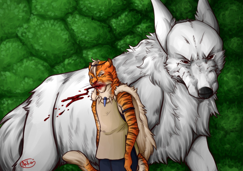 anthro blood canine cosplay feline fujiokaaika ghibli male mammal princess_mononoke tiger wolf