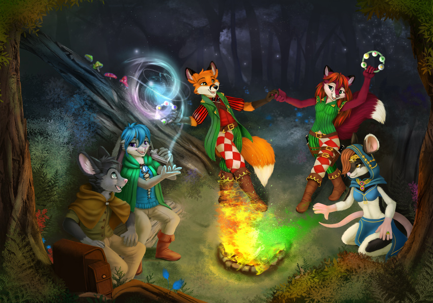 anthro bard camp campfire canine casting colored cute dancing drinking fantasy female flower forest fox happy invalid_tag jamesfoxbr lagomorph light lineless magic magic_user male mammal medieval music musical_instrument night painted plant rabbit rat rodent smile spell tambourine tree