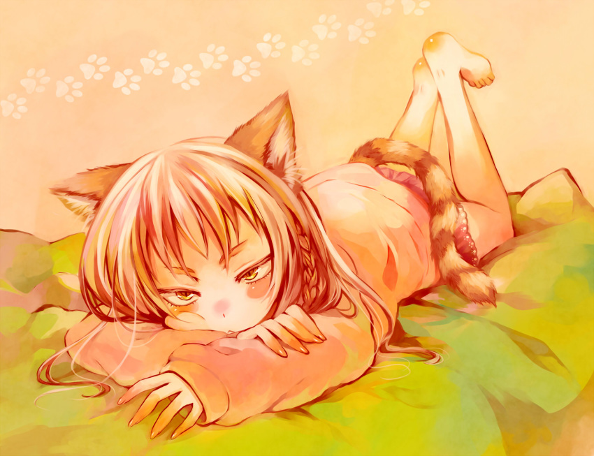 :&lt; animal_ears bare_legs barefoot blush_stickers braid brown_hair cat_ears cat_tail cheek_squash commentary_request feet_up highres long_hair long_sleeves looking_at_viewer lying mike_(nasimomoringo) miniskirt on_bed on_stomach original paw_print pink_shirt red_skirt shirt skirt sleeves_past_wrists slit_pupils solo striped_tail tail yellow_eyes