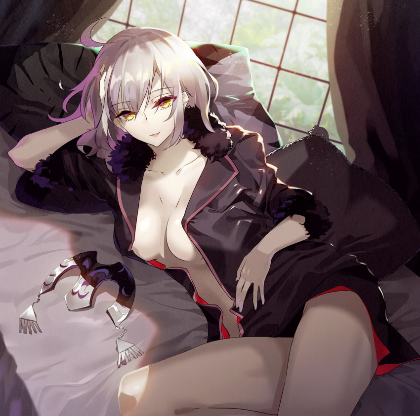 ahoge black_panties breasts commentary_request eyebrows_visible_through_hair fate/grand_order fate_(series) headgear_removed highres jacket jeanne_d'arc_(alter)_(fate) jeanne_d'arc_(fate)_(all) looking_at_viewer medium_breasts no_bra on_bed open_clothes open_jacket pale_skin panties parted_lips pillow silver_hair solo tsurukame underwear wicked_dragon_witch_ver._shinjuku_1999 window yellow_eyes