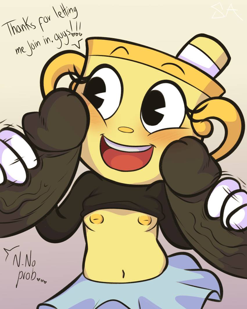 2018 absurd_res animate_inanimate blush breasts clothed clothing cuphead_(game) dialogue disembodied_penis double_handjob english_text eyelashes female group handjob hi_res humanoid humanoid_penis male male/female ms._chalice nipples not_furry object_head open_mouth penis sex solo_focus souladdicted text