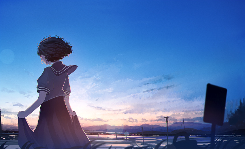 bag black_hair blurry bob_cut bokeh city closed_eyes dark depth_of_field from_behind highres hill mifuru original rice_paddy rural sailor_collar_lift scenery school_bag school_uniform serafuku short_hair sign skirt skirt_hold sky solo sunrise tree wind