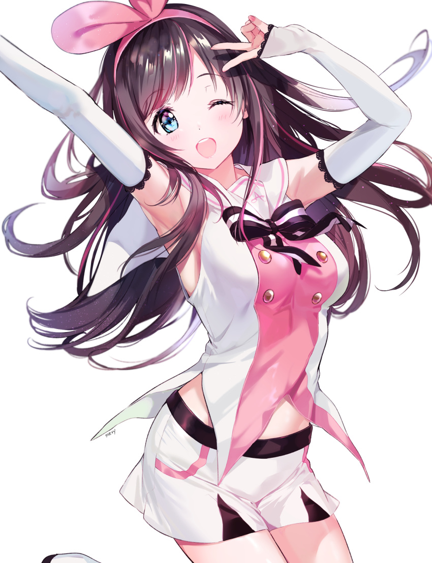 ;d a.i._channel arm_up arm_warmers artist_name bangs blue_eyes hairband highres kizuna_ai long_hair mery_(apfl0515) multicolored_hair one_eye_closed open_mouth pink_hairband pink_ribbon ribbon sailor_collar shorts signature sleeveless smile solo swept_bangs two-tone_hair v virtual_youtuber