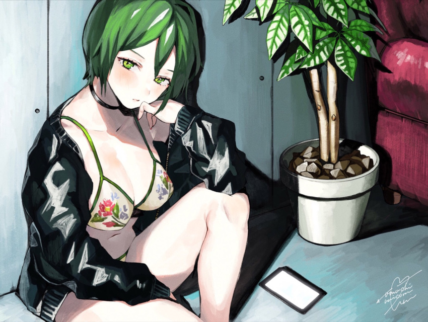 armchair bangs bikini black_choker black_jacket breasts cellphone chair choker cleavage closed_mouth collarbone day eyelashes floral_print flower_pot green_eyes green_hair hair_between_eyes hand_on_own_chin indoors jacket knee_up large_breasts leaf legs long_sleeves looking_at_viewer navel open_clothes open_jacket original phone plant potted_plant short_hair signature sitting smartphone solo stomach swimsuit uni_(melm)