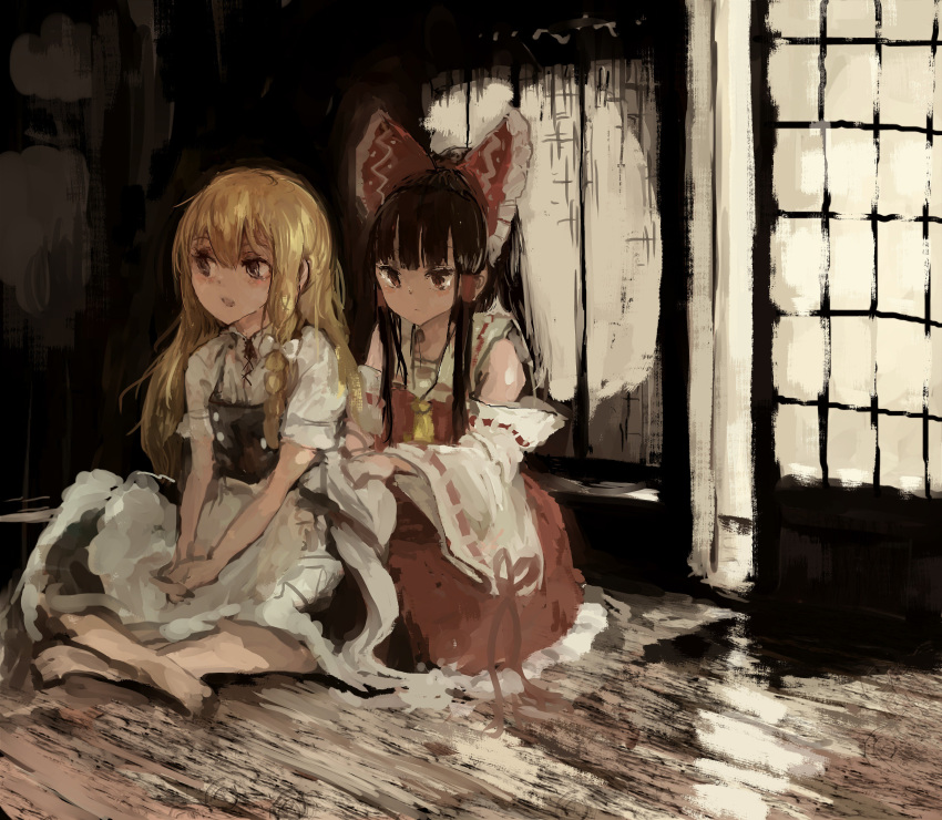 absurdres apron ashiyama_yoshinori bare_shoulders barefoot black_hair blonde_hair bow brown_eyes detached_sleeves hair_bow hair_tubes hakurei_reimu hands_clasped highres kirisame_marisa large_bow long_hair multiple_girls own_hands_together sitting sitting_on_lap sitting_on_person skirt skirt_set touhou waist_apron