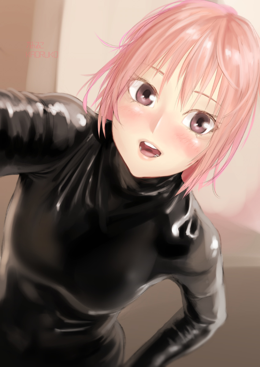 1girl black_bodysuit blush bodysuit breasts highres kilye_4421 latex latex_suit looking_at_viewer medium_breasts open_mouth original pink_eyes pink_hair shiny shiny_clothes short_hair skin_tight smile solo