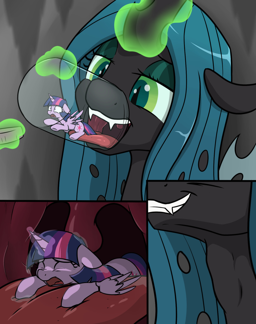 2018 changeling duo equine eyes_closed female feral friendship_is_magic green_eyes hair hi_res horn jar mammal micro my_little_pony open_mouth queen_chrysalis_(mlp) skitterpone slit_pupils tongue tongue_out twilight_sparkle_(mlp) vore winged_unicorn wings