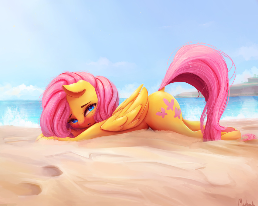 2018 absurd_res ass_up beach bedroom_eyes blush cutie_mark equine feathered_wings feathers female fluttershy_(mlp) friendship_is_magic hair half-closed_eyes hi_res looking_at_viewer mammal miokomata my_little_pony outside pegasus seaside seductive solo wings