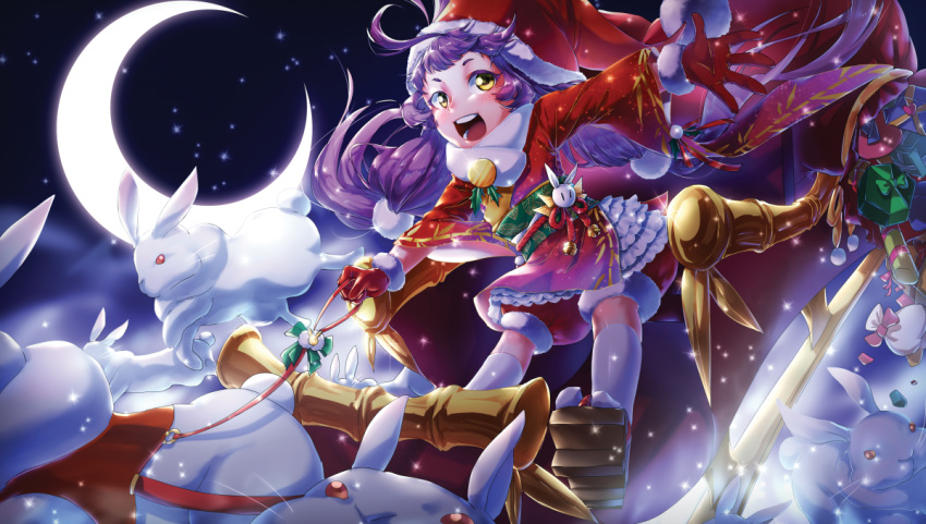 alternate_costume animal_ears blush bunny bunny_ears bunny_tail christmas coffinkun force_of_will fur_trim gift gloves hat kaguya_(force_of_will) long_hair low_twintails moon night night_sky open_mouth purple_hair sandals santa_costume santa_hat sky solo sparkle star_(sky) tail teeth thighhighs twintails yellow_eyes