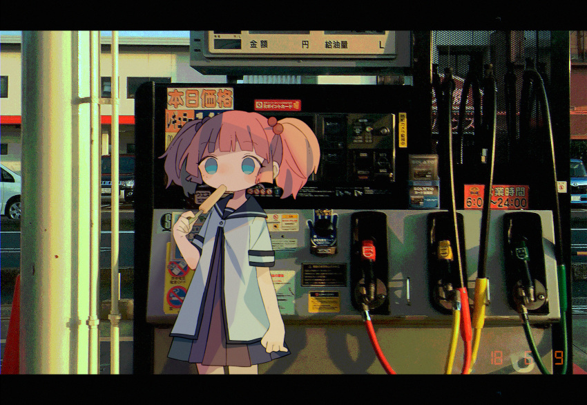 arm_at_side arm_up bangs black_sailor_collar blouse blue_eyes blunt_bangs blush building car cigarette cowboy_shot daizu_(melon-lemon) dated day dress eyebrows_visible_through_hair film_grain food gas_pump gas_pump_nozzle gas_station ground_vehicle hair_bobbles hair_ornament highres holding letterboxed light_blush looking_at_viewer motor_vehicle nanamori_school_uniform no_cell_phone no_neckwear no_pupils no_smoking outdoors photo_background pink_hair pleated_dress popsicle sailor_collar sailor_dress school_uniform shadow short_hair short_twintails sketch_eyebrows solo standing sunlight twintails white_blouse yoshikawa_chinatsu yuru_yuri