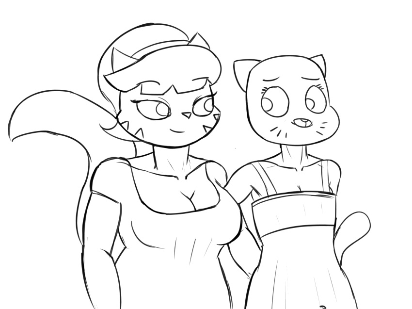 2018 anthro big_breasts black_and_white breasts cartoon_network cat clothed clothing crossover digital_media_(artwork) dress duo feline female flat_chested hair hi_res looking_at_another mammal monochrome mrs._katswell nickelodeon nicole_watterson raised_eyebrows simple_background smile standing t.u.f.f._puppy the_amazing_world_of_gumball whiskers white_background zambs