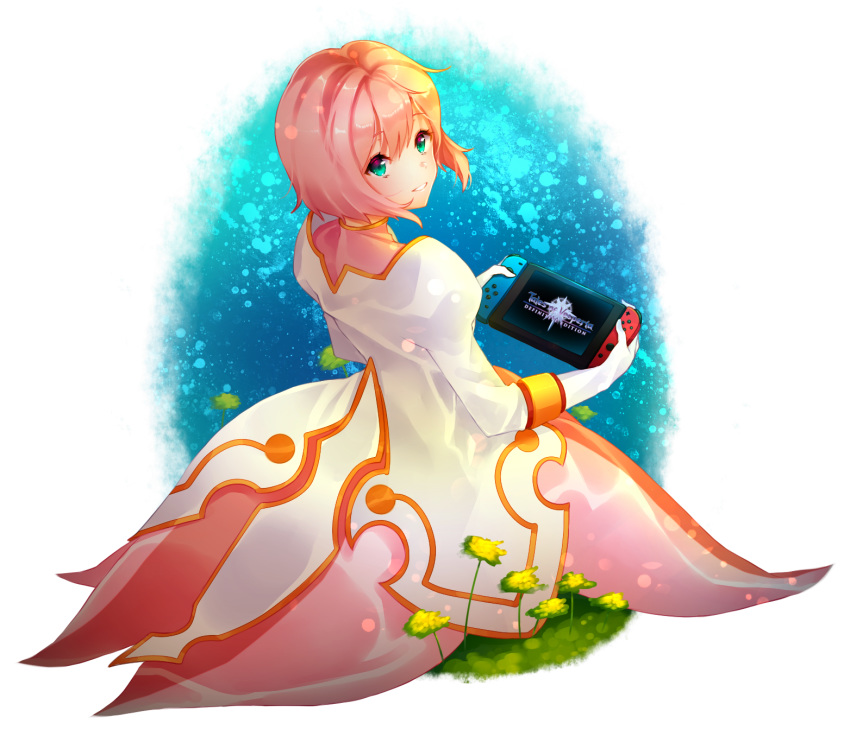 arcelle blush commentary controller dress estellise_sidos_heurassein game_console game_controller gloves green_eyes handheld_game_console highres holding jacket joy-con looking_at_viewer nintendo nintendo_switch pink_hair playing_games short_hair sitting smile solo tales_of_(series) tales_of_vesperia transparent_background