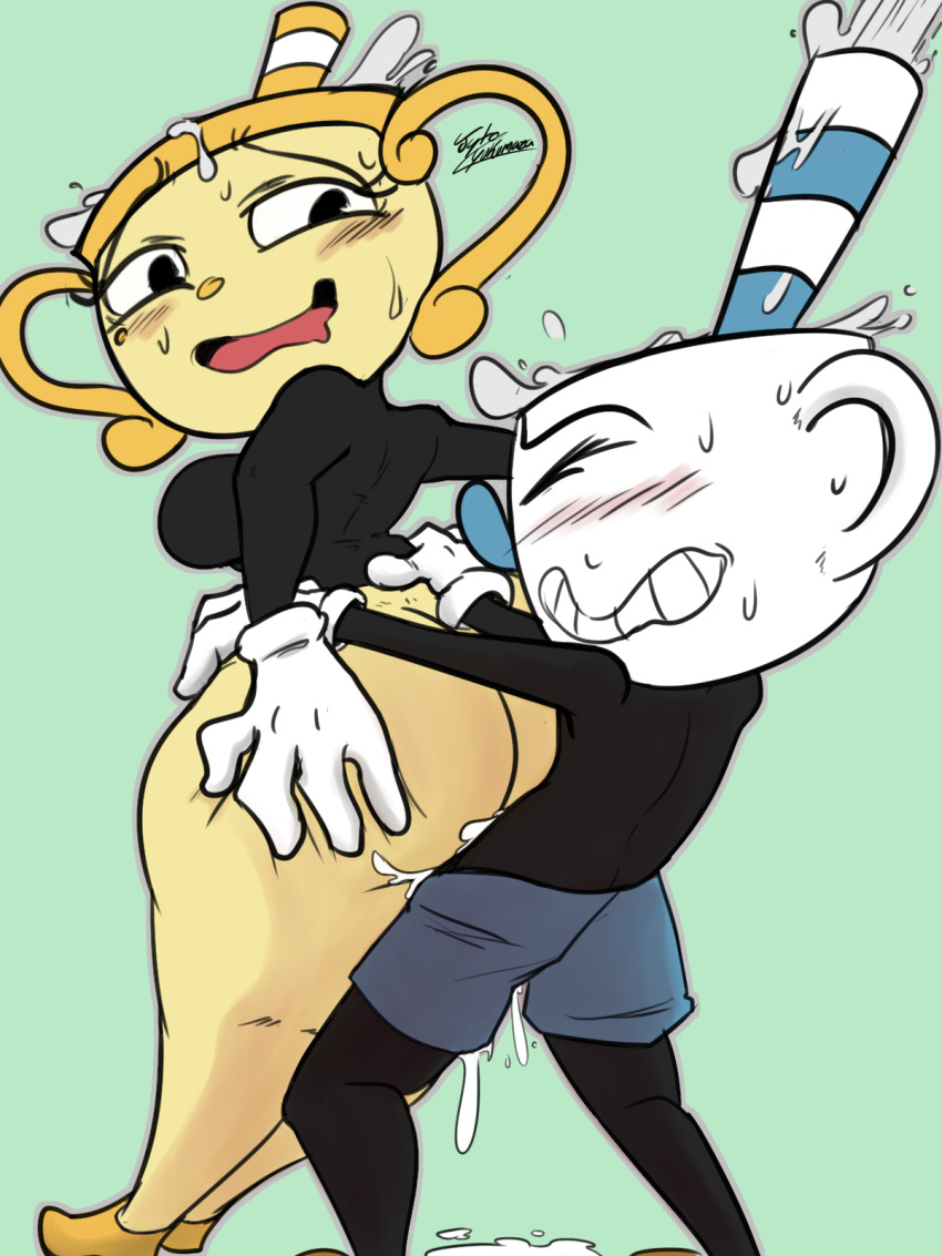 animate_inanimate blush breasts butt chalice clothing cum cup cuphead_(character) cuphead_(game) digital_media_(artwork) female gloves hi_res humanoid jyto male male/female ms._chalice mugman not_furry object_head open_mouth penetration sex simple_background smile straw video_games