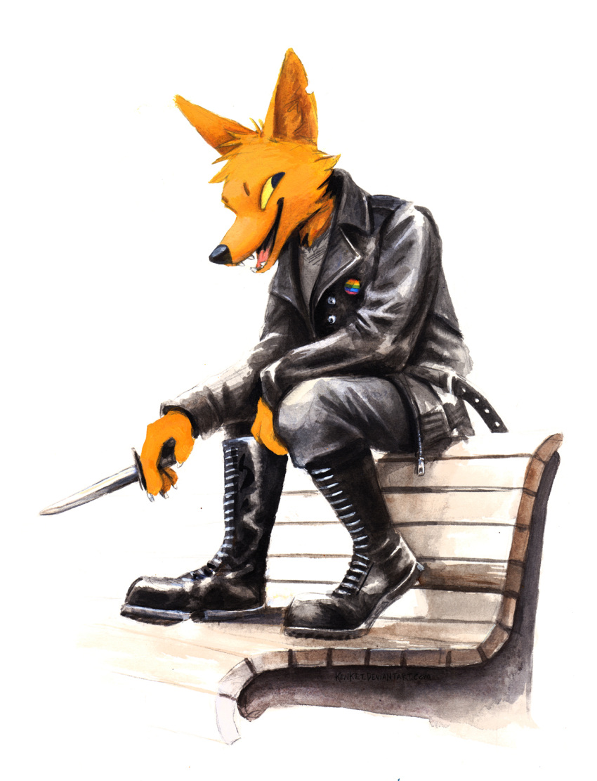 2018 anthro bench black_nose boots canine clothed clothing fangs footwear fox gay_pride_flag gregg_(nitw) holding_object jacket kenket knife male mammal night_in_the_woods open_mouth simple_background sitting smile solo white_background yellow_sclera