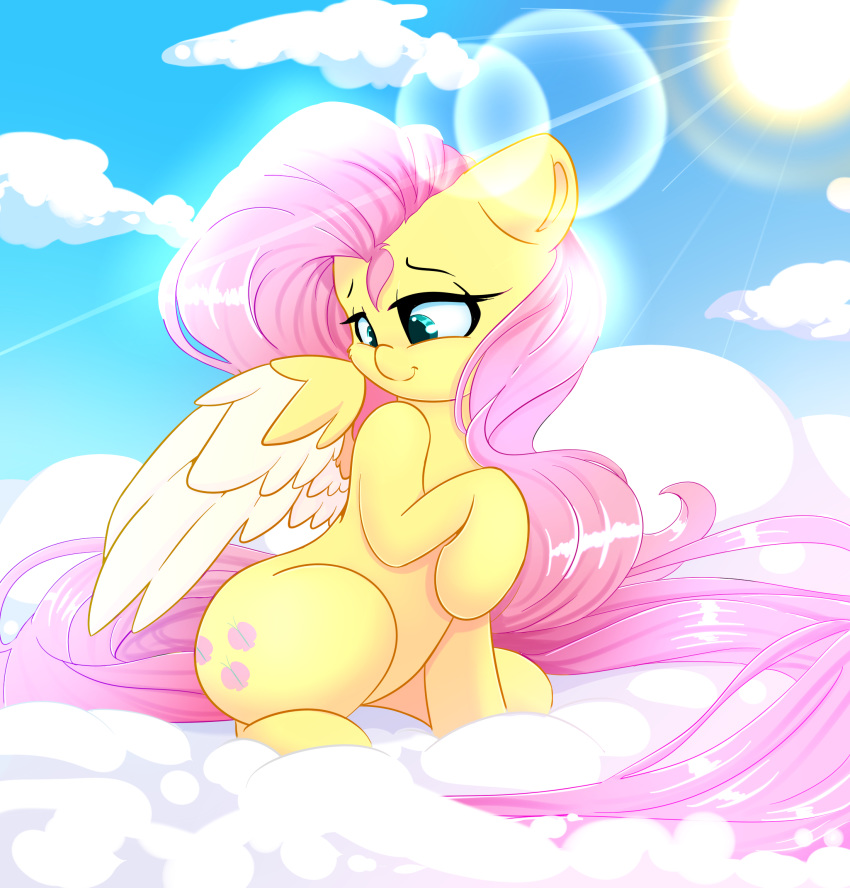 2018 cloud cutie_mark digital_media_(artwork) equine feathered_wings feathers female feral fluttershy_(mlp) friendship_is_magic hair hi_res long_hair madacon mammal my_little_pony on_cloud outside pegasus pink_hair solo wings