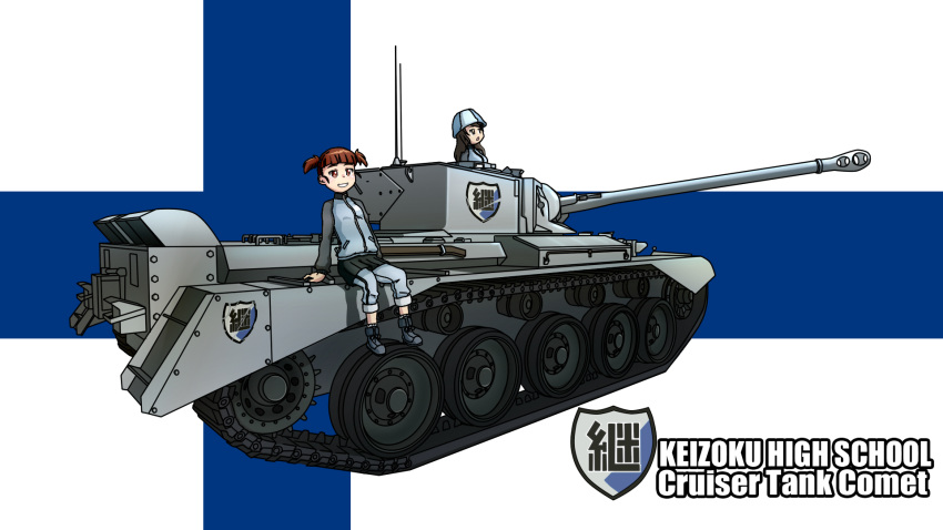 black_eyes black_hair brown_eyes brown_hair comet_(tank) commentary_request dedorudy emblem finnish_flag girls_und_panzer graphite_(medium) ground_vehicle hat highres keizoku_(emblem) keizoku_military_uniform long_hair mika_(girls_und_panzer) mikko_(girls_und_panzer) military military_vehicle motor_vehicle multiple_girls short_hair smile tank traditional_media twintails