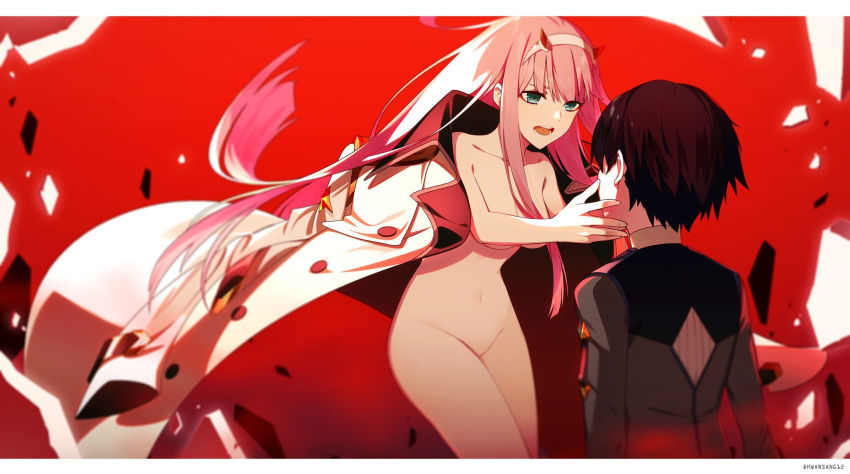 1girl bangs black_hair breasts clothed_male_nude_female coat collarbone commentary couple darling_in_the_franxx facing_another floating_hair green_eyes hair_ornament hairband hand_on_another's_face hetero highres hiro_(darling_in_the_franxx) horns hwansang jacket_on_shoulders long_coat long_hair long_sleeves looking_at_another medium_breasts military military_uniform navel no_bra no_panties no_pants no_pussy no_shirt nude oni_horns open_mouth pink_hair red_horns signature uniform white_hairband zero_two_(darling_in_the_franxx)