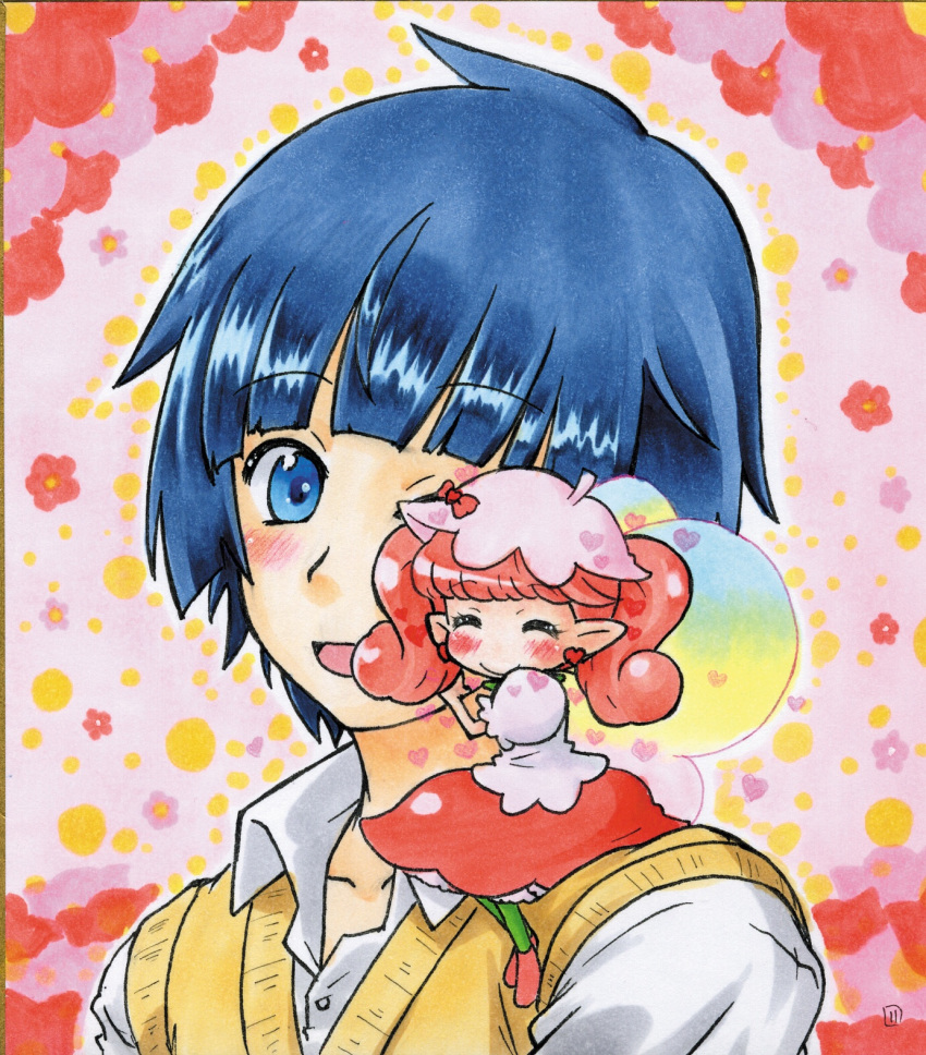 1boy 1girl blue_eyes blue_hair commentary_request dress dress_shirt fairy_wings floral_background flower hanamura_nozomu hat heart highres lip_(fairilu) marker_(medium) pink_dress pink_hair pink_hat rilu_rilu_fairilu school_uniform shirt sweater_vest traditional_media twintails wings