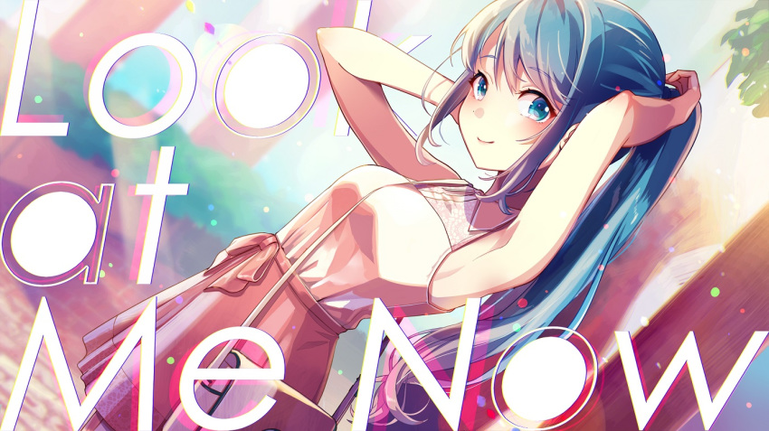 alternate_hairstyle armpits arms_up bangs blush commentary_request copyright_name dutch_angle hatsune_miku long_hair looking_at_viewer nou ponytail sidelocks smile solo very_long_hair vocaloid