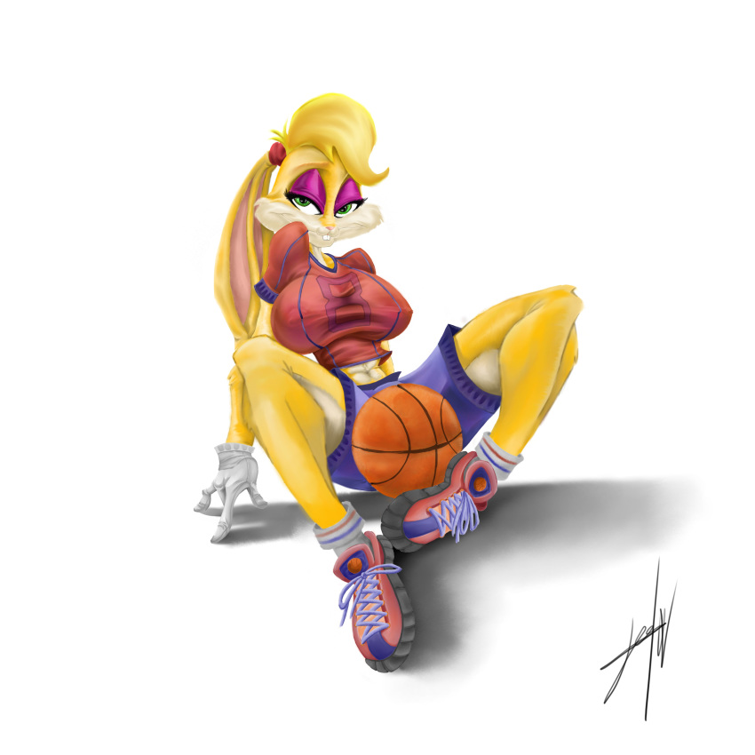 2007 4_fingers absurd_res anthro ball basketball_(ball) bedroom_eyes big_breasts blonde_hair breasts buckteeth clothed clothing eyelashes eyeshadow female footwear fully_clothed fur gloves green_eyes hair hairband half-closed_eyes hi_res lagomorph legwear lola_bunny looking_at_viewer looney_tunes makeup mammal midriff navel nipple_bulge number pink_nose rabbit seductive shirt shoes short_hair shorts signature simple_background sitting smile socks solo souldrawer0404 space_jam spread_legs spreading teeth warner_brothers white_background