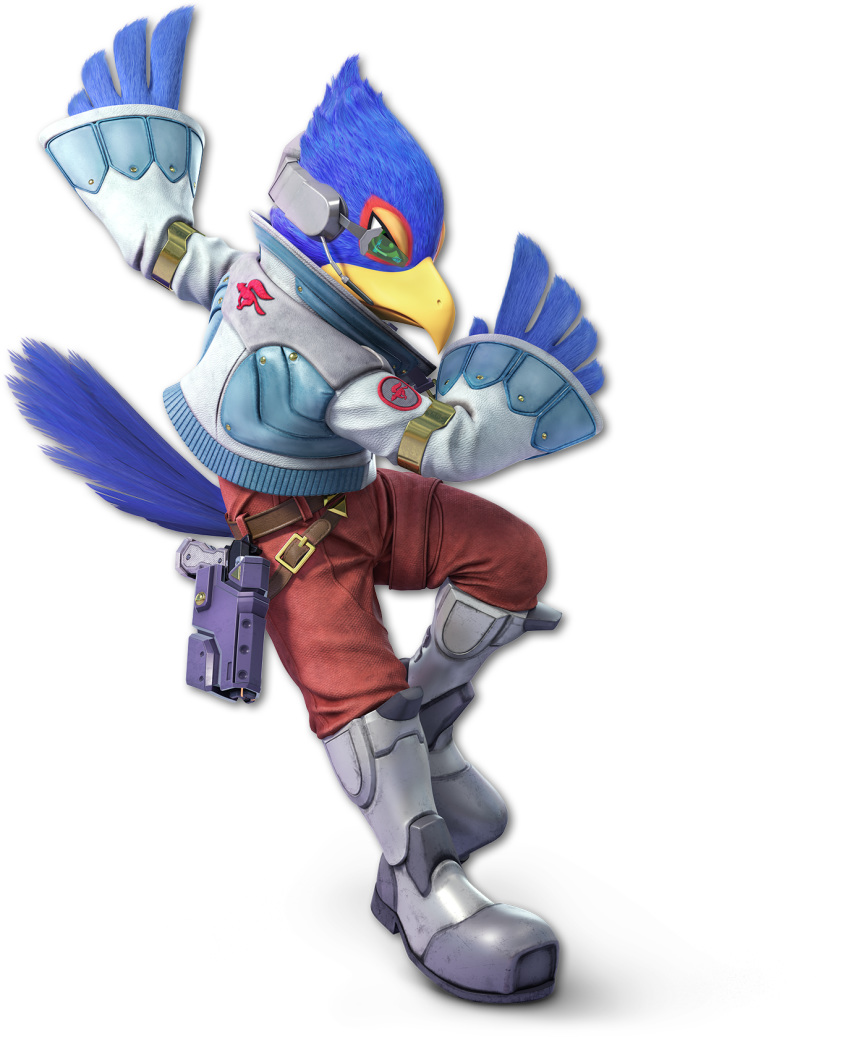 alpha_channel anthro avian beak bird blue_eyes clothed clothing falco_lombardi falcon feathers footwear gun looking_at_viewer male nintendo official_art pants portrait pose ranged_weapon shirt shoes simple_background solo star_fox super_smash_bros super_smash_bros._ultimate transparent_background unknown_artist video_games weapon wings