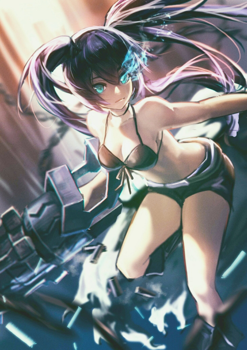 black_bikini_top black_footwear black_hair black_rock_shooter black_rock_shooter_(character) black_shorts blue_eyes boots breasts burning_eye cleavage collarbone floating_hair front-tie_bikini front-tie_top hair_between_eyes halterneck highres knee_boots long_hair looking_at_viewer luobo_carrot medium_breasts midriff outstretched_arm short_shorts shorts solo stomach twintails very_long_hair