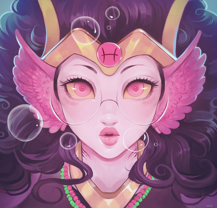 big_hair black_hair bubble close-up diadem eyelashes face feferi_peixes gills glasses head_fins highres homestuck jewelry lips looking_at_viewer necklace parted_lips pink_eyes pink_lips pisces semi-rimless_eyewear solo wavy_hair yellow_sclera zv33