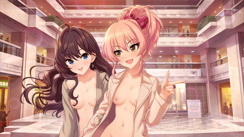 annin_doufu blue_eyes breasts brown_hair eyes girls_starlight_stage hair ichinose_shiki idolmaster idolmaster_cinderella idolmaster_cinderella_girls jougasaki_mika jpeg_artifacts long_hair nipples nude pink ponytail shiki_ichinose yellow