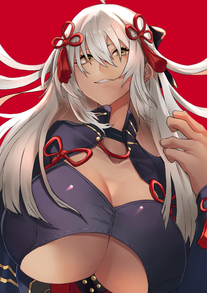 ahoge bow breasts cleavage cleavage_cutout collarbone commentary_request dark_skin fate/grand_order fate_(series) from_below fujitsubo_(hujitubo0731) hair_between_eyes hair_bow hair_ornament hands_up high_collar highres huge_breasts long_hair looking_at_viewer okita_souji_(alter)_(fate) okita_souji_(fate)_(all) smirk solo tassel tied_hair underboob white_hair yellow_eyes