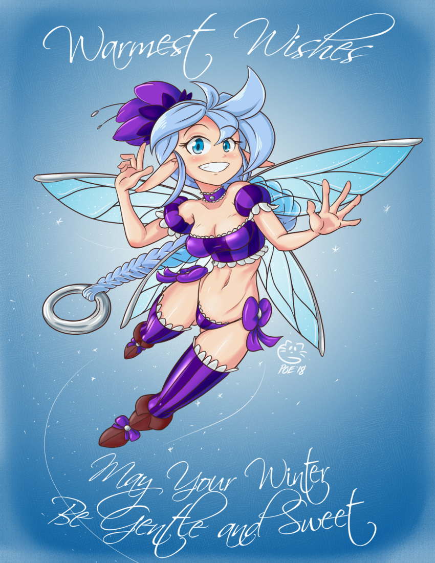 2018 5_fingers biped blue_background blue_eyes blue_hair boots bow braided_hair breasts choker cleavage clothed clothing crop_top english_text eyebrows eyelashes fairy female flower flower_in_hair flying footwear hair hi_res humanoid insect_wings legwear long_ears long_hair looking_at_viewer mammal navel pale_skin panties plant poethewondercat pointy_ears shirt simple_background skimpy smile solo stockings teeth text thigh_gap thigh_highs translucent translucent_wings underwear wings