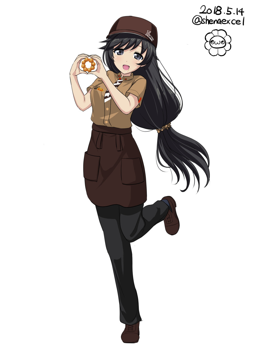 :d absurdres alternate_costume apron artist_name bangs black_eyes black_hair black_pants brown_apron brown_footwear brown_hat brown_scrunchie brown_shirt circle_hands commentary cross-laced_footwear dated employee_uniform english excel_(shena) eyebrows_visible_through_hair fast_food_uniform full_body girls_und_panzer hair_ornament hair_scrunchie hat highres isuzu_hana logo long_hair looking_at_viewer low-tied_long_hair mister_donut open_mouth pants scrunchie shirt shoes short_sleeves signature simple_background smile solo standing twitter_username uniform waitress white_background