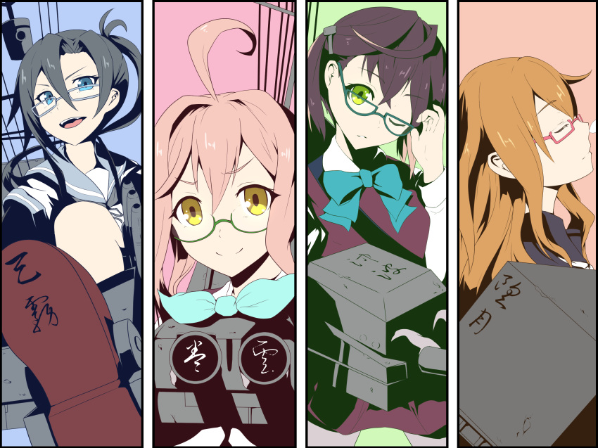 adjusting_eyewear amagiri_(kantai_collection) blue_eyes bow brown_hair closed_eyes dress glasses green-framed_eyewear green_eyes grey-framed_eyewear grey_hair hair_ornament hairclip highres kantai_collection long_hair looking_at_viewer makigumo_(kantai_collection) mochizuki_(kantai_collection) multiple_girls okinami_(kantai_collection) one_eye_closed open_mouth pink_hair purple_hair red-framed_eyewear red_dress rigging school_uniform serafuku side_ponytail smile twinameless upper_body yellow_eyes