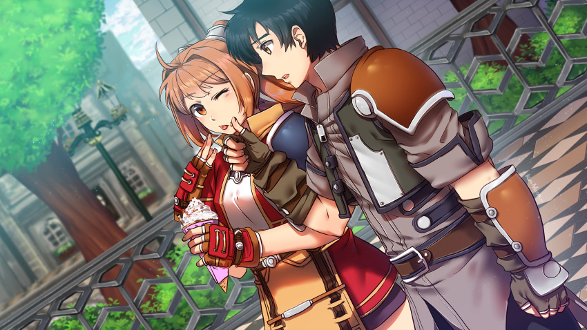 1girl ahoge belt black_hair bracer breasts brown_hair building clenched_hand coat cowboy_shot dress dutch_angle eiyuu_densetsu estelle_bright fingerless_gloves food gloves hand_on_another's_face hand_to_own_mouth highres ice_cream jacket joshua_astray kanoir lamppost looking_at_another medium_breasts one_eye_closed open_mouth orange_eyes profile railing short_dress short_hair shoulder_armor sora_no_kiseki tongue tongue_out tree twintails walking wiping_face yellow_eyes zipper