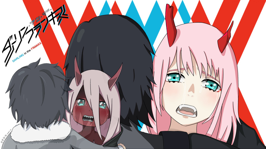 1girl asymmetrical_horns bangs black_bodysuit black_cloak black_hair blush bodysuit cloak coat commentary_request couple crying crying_with_eyes_open darling_in_the_franxx dual_persona fangs fur_trim green_eyes grey_coat hetero highres hiro_(darling_in_the_franxx) hood hooded_cloak horns hug long_hair looking_at_viewer oni_horns parka pilot_suit pink_hair red_horns red_pupils red_sclera red_skin signature spoilers tears winter_clothes winter_coat xiaoying_yuan younger zero_two_(darling_in_the_franxx)
