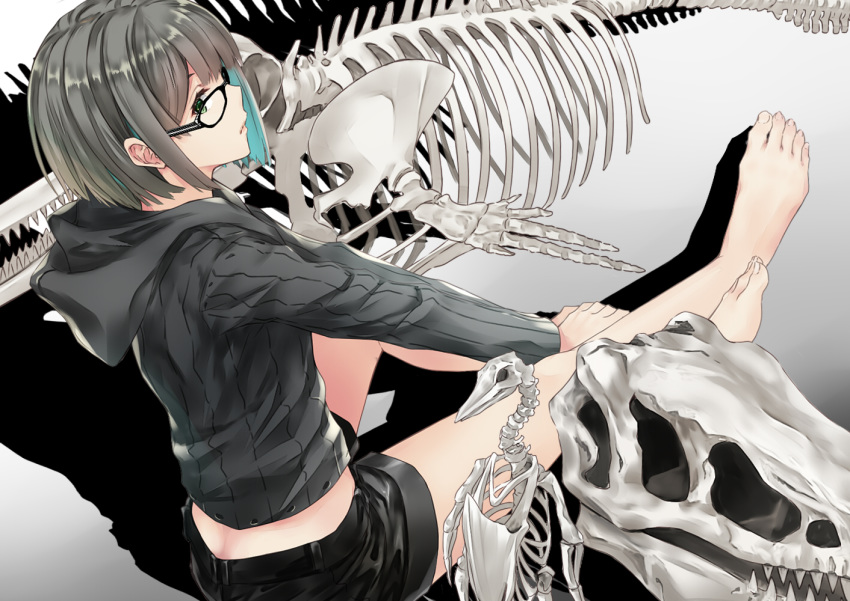 barefoot black_hair bones glasses green_eyes nabeshima_tetsuhiro original short_hair shorts skull