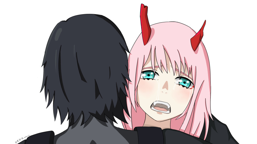 1girl asymmetrical_horns bangs black_bodysuit black_hair blush bodysuit commentary_request couple crying crying_with_eyes_open darling_in_the_franxx fangs green_eyes hetero highres hiro_(darling_in_the_franxx) horns long_hair looking_at_viewer oni_horns open_mouth pilot_suit pink_hair red_horns sharp_teeth signature tears teeth xiaoying_yuan zero_two_(darling_in_the_franxx)