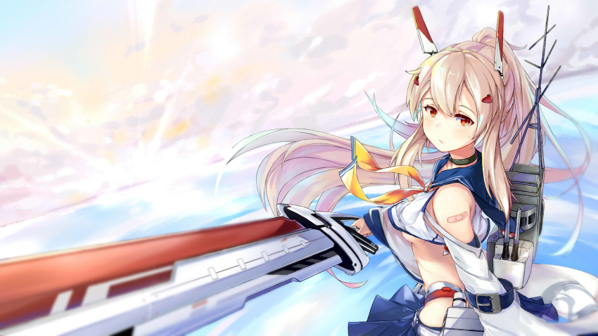 ayanami_(azur_lane) azur_lane bandaid bandaid_on_arm bare_shoulders blurry breasts cannon choker cloud cloudy_sky depth_of_field detached_sleeves foreshortening hair_ornament highres long_hair looking_at_viewer medium_breasts midriff ocean pleated_skirt ponytail red_eyes remodel_(azur_lane) ribbon sailor_collar shionji_ax silver_hair skirt sky solo sword underboob weapon wide_sleeves